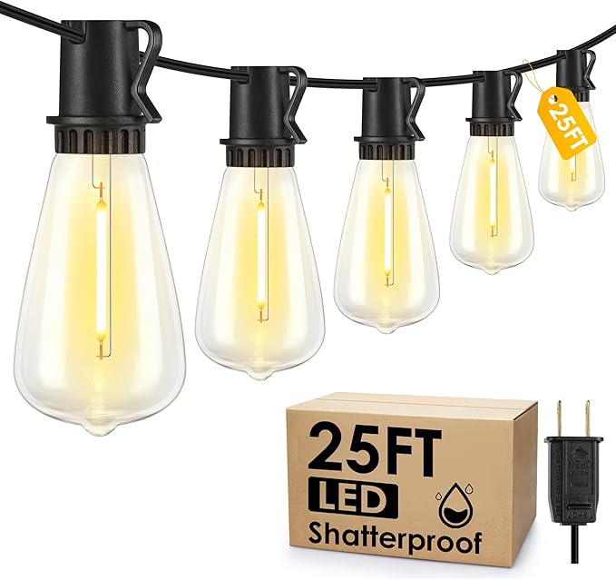 25FT ST38 LED Outdoor String Lights Bundle with 120W Outdoor Dimmer Plug