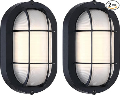 GRUENLICH 8.5'' Oval Outdoor Wall Lights, Dimmable LED Bulkhead Light, Sauna & Exterior Lighting, ETL Rated, 6W 600 Lumen, 3000K Warm White, Black Cast Aluminum, Wall/Ceiling Mount, 2-Pack
