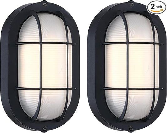 GRUENLICH 8.5'' Oval Outdoor Wall Lights, Dimmable LED Bulkhead Light, Sauna & Exterior Lighting, ETL Rated, 6W 600 Lumen, 3000K Warm White, Black Cast Aluminum, Wall/Ceiling Mount, 2-Pack