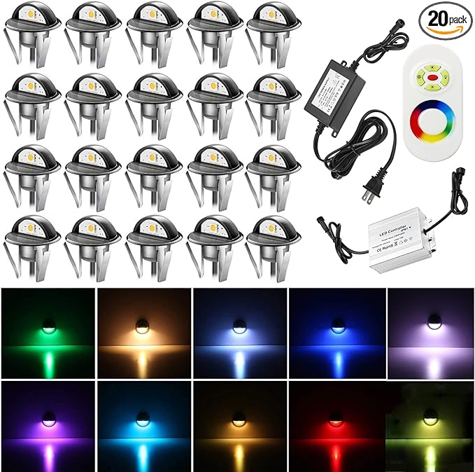20PCS Low Voltage LED Deck Lighting Kit,0.2W-0.4W Low Voltage Multi-Color RGB Stainless Steel Waterproof Outdoor Landscape Garden Yard Patio Step Decoration Lamps LED In-ground Lights (RGB)
