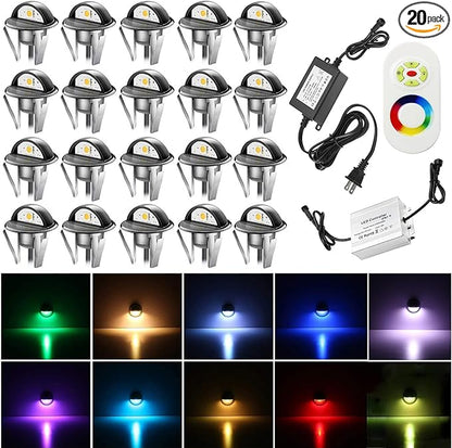 20PCS Low Voltage LED Deck Lighting Kit,0.2W-0.4W Low Voltage Multi-Color RGB Stainless Steel Waterproof Outdoor Landscape Garden Yard Patio Step Decoration Lamps LED In-ground Lights (RGB)