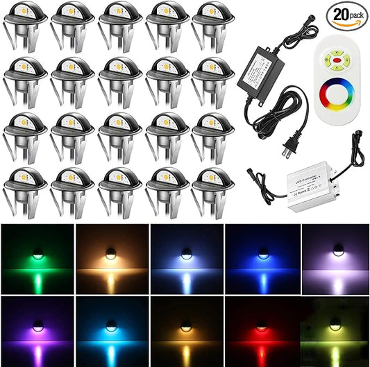 20PCS Low Voltage LED Deck Lighting Kit,0.2W-0.4W Low Voltage Multi-Color RGB Stainless Steel Waterproof Outdoor Landscape Garden Yard Patio Step Decoration Lamps LED In-ground Lights (RGB)