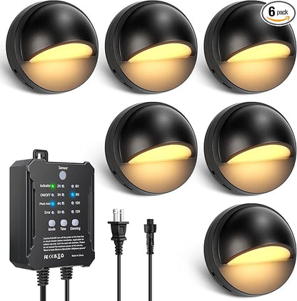 6 Pack Low Voltage LED Deck Lights Kit with Plug-in Transformer, Dusk-to-Dawn Photocell Sensor and Timer, IP67 Waterproof 3000K Outdoor Step Stair Lights for Deck Patio Fence Landscape Lighting