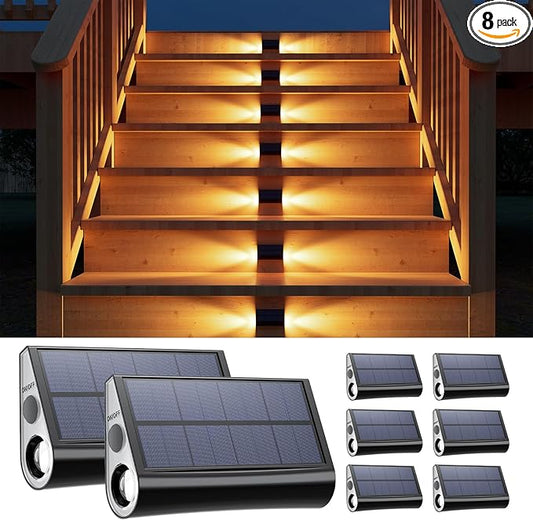 8 Pack Solar Powered Step Lights Outdoor Waterproof LED for Outside Deck Stair Safety Decorative Lamps for Porch, Wall, Fence, Walkway, Yard, Patio, Dual Sided Glow for Enhanced Security Warm White