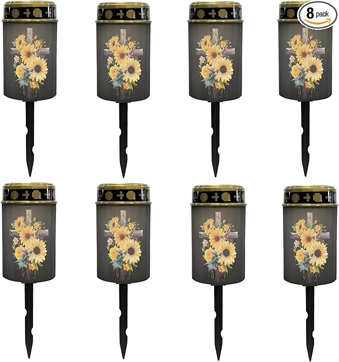 Cross-Sunflower Solar Lights Outdoor Garden Stake Lights Waterproof Cemetery Solar Lights for Grave Landscape Lighting Outdoor Table Lamp Flameless Lights Warm White LED Lantern