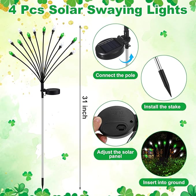 4 Pcs St Patricks Day Outdoor Decorations Solar Lights Waterproof Green 48 LED Swaying Pathway Firefly Stake Lights for Outside Yard Garden Lawn Decorations(Green White,Pine Cone)