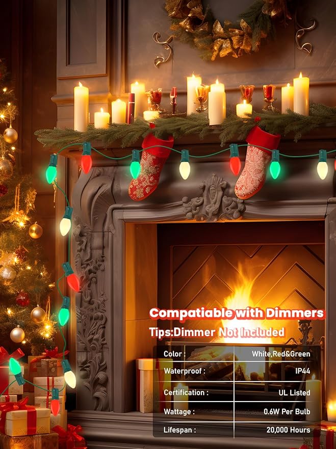 SUNSGNE C7 LED Christmas Lights Outdoor, 25ft Vintage Christmas String Lights with 27 Red Green White LED Bulbs(2 | Lumora