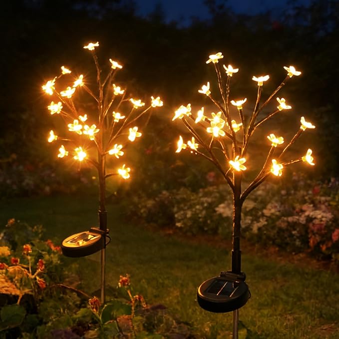 Solar Garden Lights Outdoor Garden Decor, 2 Pack Cherry Blossom Solar Flowers Outdoor Waterproof Fairy Solar Lights, Outside Yard Decorations for Patio Pathway Decor, Gardening Gifts for Women Mom