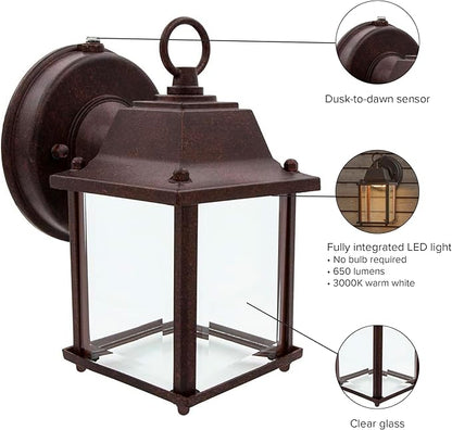 Maxxima LED Porch Lantern Outdoor Wall Light - Aged Bronze with Clear Glass, 3000K Warm White, 650 Lumens, Dusk to Dawn Photocell Light Sensor, Patio or Porch Sconce Fixture, Exterior Lighting - Brown