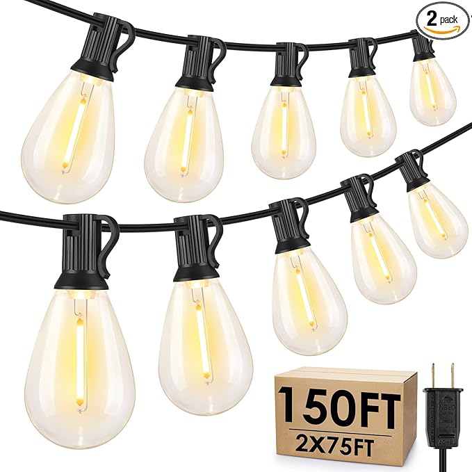 150FT(2x75FT) LED Outdoor String Lights S11 Dimmable Patio Light, with 44+3 Waterproof Shatterproof Edison 2700K | Lumora