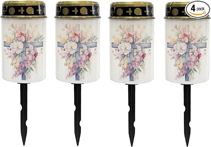 Cemetery Solar Lights for Grave,Cross Floral Pink Garden Solar Lights Waterproof Solar Powered Stake Lights Pathway Lights Outdoor Flameless Warm White Lantern Yard Spotlights LED Lantern