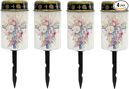 Cemetery Solar Lights for Grave,Cross Floral Pink Garden Solar Lights Waterproof Solar Powered Stake Lights Pathway Lights Outdoor Flameless Warm White Lantern Yard Spotlights LED Lantern