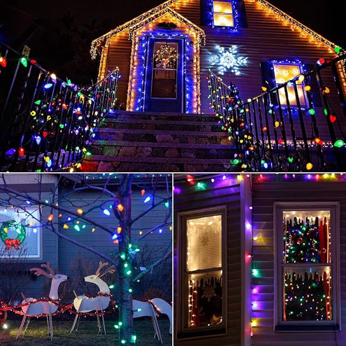 Brizled Colored Christmas Lights, 33ft 50 LED C9 Faceted Christmas Outdoor Lights, 120V UL Certified Tree Light, Connectable Xmas Roof Light for Christmas Tree Garden Yard Party Patio House Decor