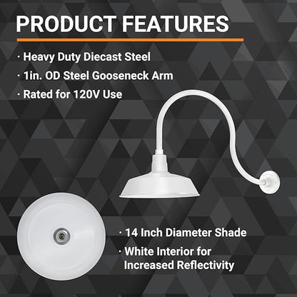 14in. White Outdoor Gooseneck Barn Light Fixture With 24in. Long Extension Arm - Wall Sconce Farmhouse, Vintage, Antique Style - UL Listed - 9W 900lm A19 LED Bulb (5000K Cool White)