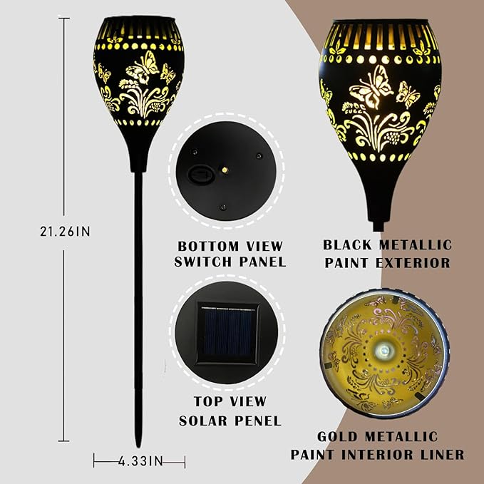 Butterfly Solar Pathway Lights Decorative - 21 inch Metal Solar Garden Lights with Warm Light Waterproof Landscape Path Light for Yard Path Patio Walkway Backyard Lawn Decor (Black, 2Pcs)