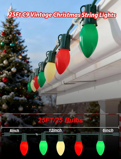 25Ft Red White and Green Christmas Lights,C9 Outdoor Christmas Lights with 26 Incandescent Bulbs(1 Spare),Extendable C9 String Lights Green Wire for Tree Xmas Roofline
