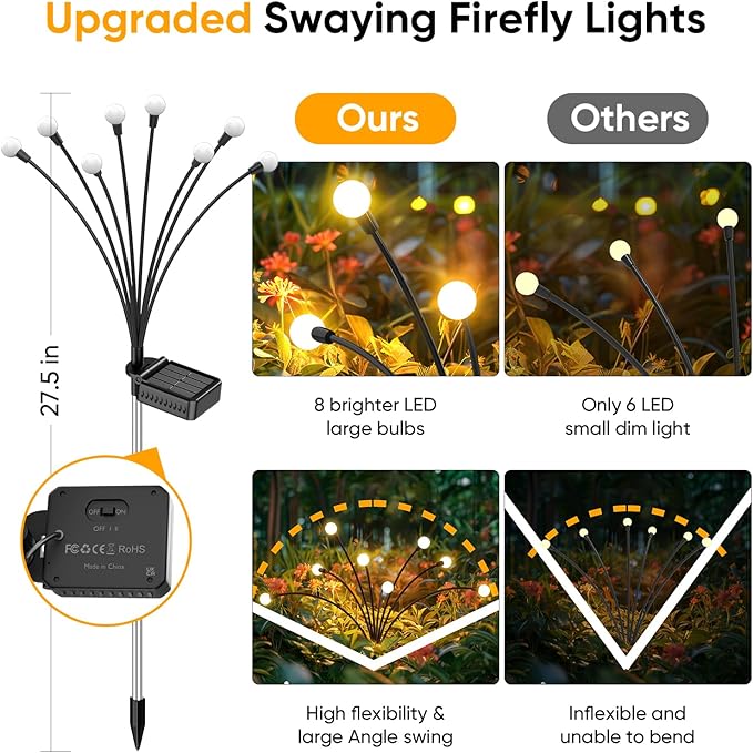Solar Lights Outdoor Waterproof: 8 Pack 64 LED Swaying Firefly Solar Powered Garden Lights - Warm LED Lighting Outside Pathway Yard Patio Decorations - Unique Gardening Gifts for Women Mom