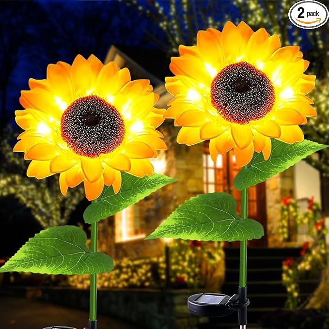 2 Pack Sunflower Solar Lights, Outdoor Decorative LED Solar Garden Lights for Landscape Patio Lawn Yard Decoration