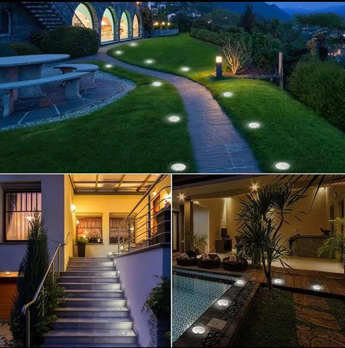 JT Morolux Solar Ground Lights, LED Disk Lights, White, Waterproof Outdoor Path Lights for Garden, Lawn, Walkway, Driveway(Warm White, 4)
