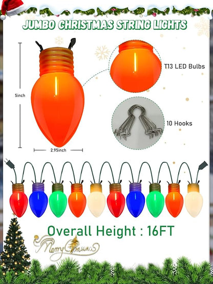 SUNSGNE Jumbo Christmas Lights, 16FT Large Christmas Lights with 10 Count 5'' LED Giant Multicolor Bulbs, C7 Big Bulb Vintage Christmas Light for Holiday Home Tree Roof Yard Garden Decor, Green Wire