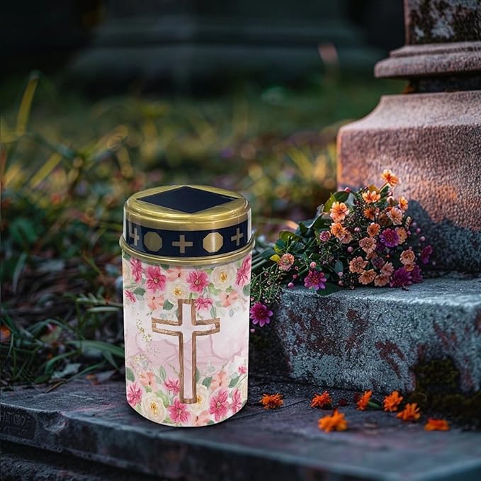 Cross Solar Lights for Cemetery Gravesite Outdoor Solar Lights for Yard Decorative Cemetery Candle Holder for Grave Waterproof Outdoor Memorial Garden Stake Cross Lights
