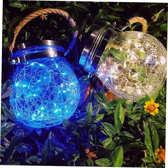 YARNOW Solar Powered Hanging Light Decorative Crackle Glass Jar Lamp for Outdoor Garden Lawn and Patio with Blue Led Light