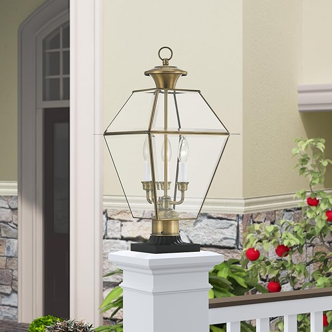 Livex Lighting Lantern 2384-01 Westover 3-Light Outdoor Post Head, Antique Brass | Lumora