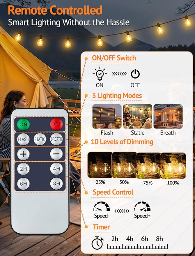 100FT(4x25FT) Solar String Lights Outdoor with Remote, Waterproof Dimmable 3 Modes Patio Light with 40+3 LED G40 | Lumora