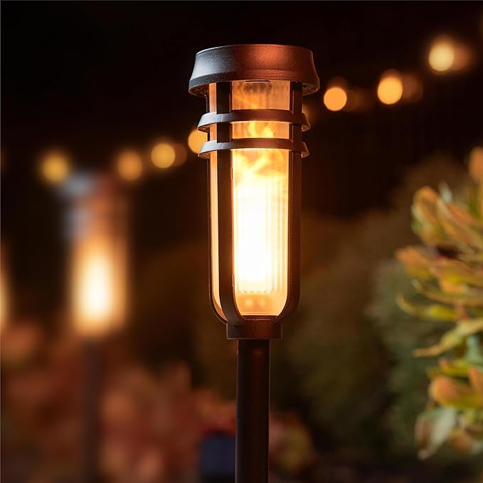 FoxFlame Metal Solar Torch Lights-Adjustable Height (24"- 0"), Outdoor Garden Decor with Patented LED, Waterproof Solar Tiki Torches for Yard,Patio,Garden Pathway,Matte Black–1 Pack