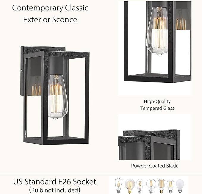 Bestshared Exterior Wall Lantern, Outdoor Wall Sconce, Patio Lighting Fixture for Porch, Home, Barn, Storefront (Black, 2 Pack)