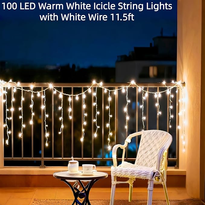 Warm White Icicle Lights 11.5 FT, UL Listed and Commercial Grade 100 LED Christmas Lights, for Indoor and Outdoor Party, Patio, Courtyard, Window, Fence, Trees.