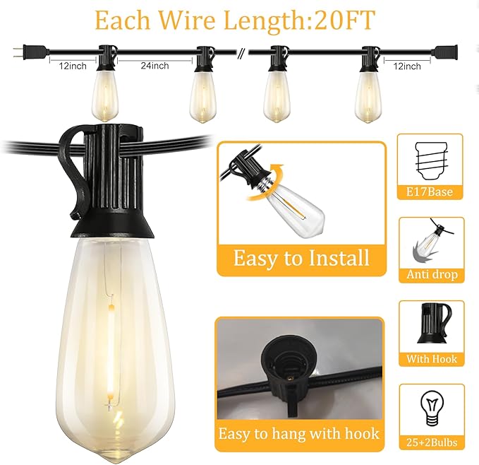 20FT LED Outdoor String Lights,Edison Lights Outdoor String with 22 Shatterproof ST40 Vintage Edison Bulbs,Outside Lights Waterproof for Outside Backyard Porch,Garden,Black