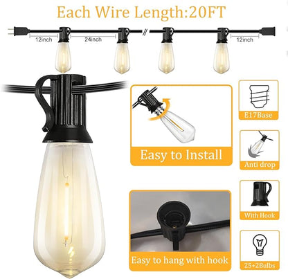 20FT LED Outdoor String Lights,Edison Lights Outdoor String with 22 Shatterproof ST40 Vintage Edison Bulbs,Outside Lights Waterproof for Outside Backyard Porch,Garden,Black