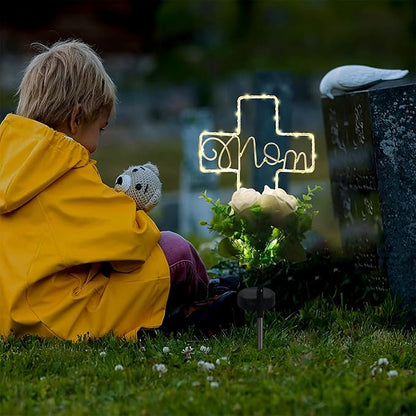 Lmtocs Grave Decorations for Cemetery Mom, Memorial Sympathy Gifts for Mom Cemetery Decorations, Waterproof Solar Cross Lights with Rose Flower for Christmas Mother Day Memorial Day Decor