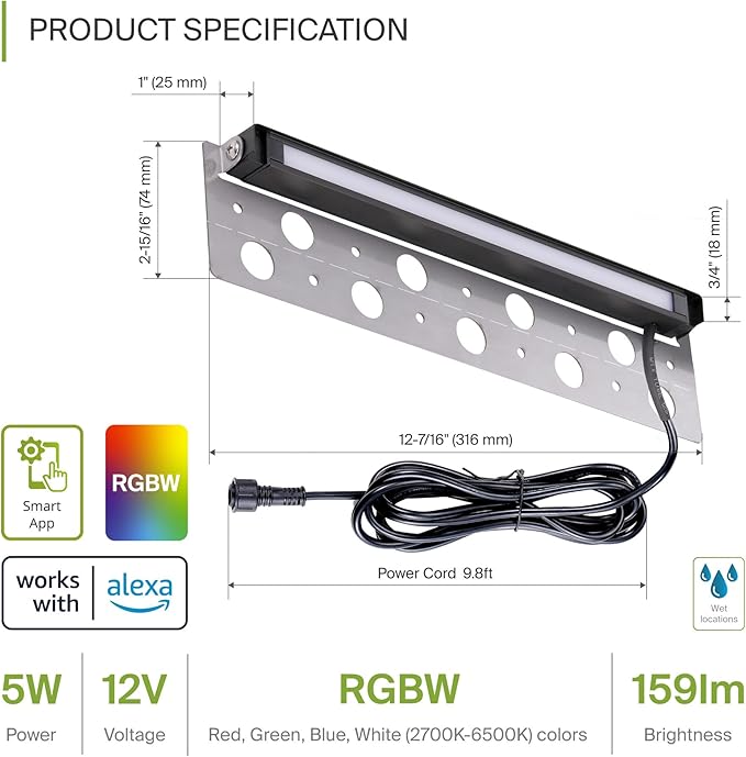 ASD LED 12 Inch Retaining Wall Light Fixture, Hardscape Paver Lighting | RGBW, App & Voice Control, Waterproof, ETL Listed | 5W 160LM RGB-2700K-6500K 12V | Landscape Step Illumination | Black, 8 Pack