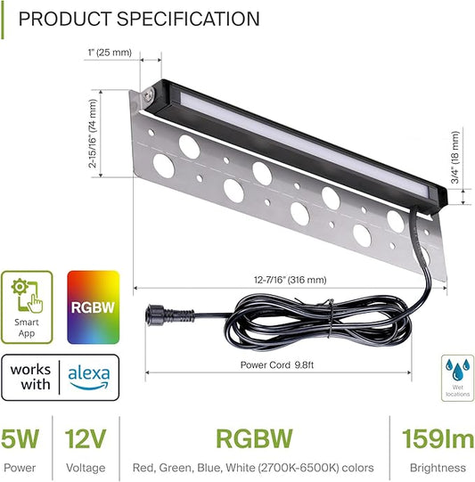 ASD LED 12 Inch Retaining Wall Light Fixture, Hardscape Paver Lighting | RGBW, App & Voice Control, Waterproof, ETL Listed | 5W 160LM RGB-2700K-6500K 12V | Landscape Step Illumination | Black, 8 Pack