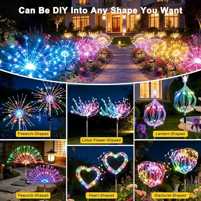 Solar Fireworks Lights for Outside, 150LED 8 Modes Fireworks Solar Lights Outdoor, Fairy Garden Flowers for Yard Pathway Wedding Party Christmas Diwali Garden Decor 6Pack (Multicolor)