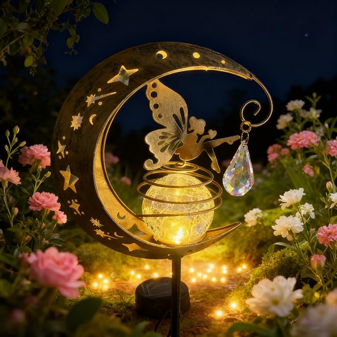 QISHENG - Outdoor/Garden Waterproof Solar Lights,Fairy Under The Moon with Crystal Ball for Patio/Lawn/Yard/Pathway, Garden Decor. (Warm Gold)