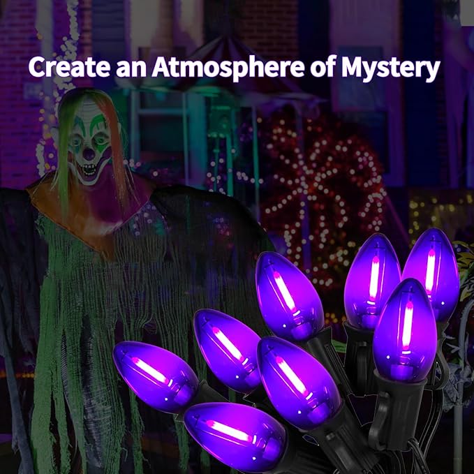 12FT Purple Halloween Lights Outdoor, C7 LED String Lights Plug in with Black Wire for Porch Railing, Walkway | Lumora