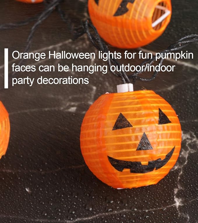 Halloween Lantern String Lights, Jack O Lanterns Pumpkin String Lights Plug in, 10 Orange Lights String 9.83FT Connectable Indoor/Outdoor Halloween Decorations