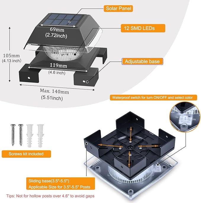 4x4 Solar Post Cap Lights with 2 Lighting Modes, 2 Packs Outdoor Post Light Solar Powered, IP65 Waterproof, Fence Deck Lights for 4×4 Wood/Vinyl Posts-120 Lumens, Black