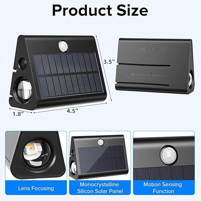 2 Pack Motion Sensor Solar Step Lights,IP67 Outdoor Waterproof LED Stair Lights, 3 Color Temp & Double-Sided Lighting, Outside Decor Light for Deck,Porch,Railing,Fence,Walkway, Yard,Wall,Patio.