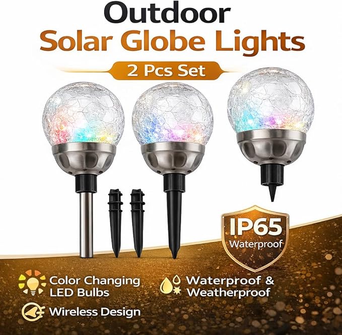 plplaaoo Outdoor Solar Globe Lights – 2 Pcs Cracked Glass Solar Stake Lights with Color Changing LED Bulbs, Waterproof Solars Pathway Light for Garden, Yard & Christmas Decoration (IP65)