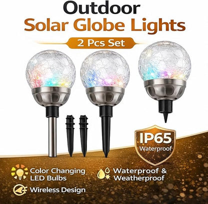 plplaaoo Outdoor Solar Globe Lights – 2 Pcs Cracked Glass Solar Stake Lights with Color Changing LED Bulbs, Waterproof Solars Pathway Light for Garden, Yard & Christmas Decoration (IP65)