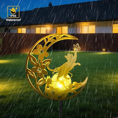 Cat Solar Lights Moon Garden Decor, Cat Gift for Women, Garden-Cracked Glass Ball Solar Lights, Unique Gift Ideas for Gardening Mom Grandma, Outdoor Decorations Patio Yard Lawn Backyard Decor