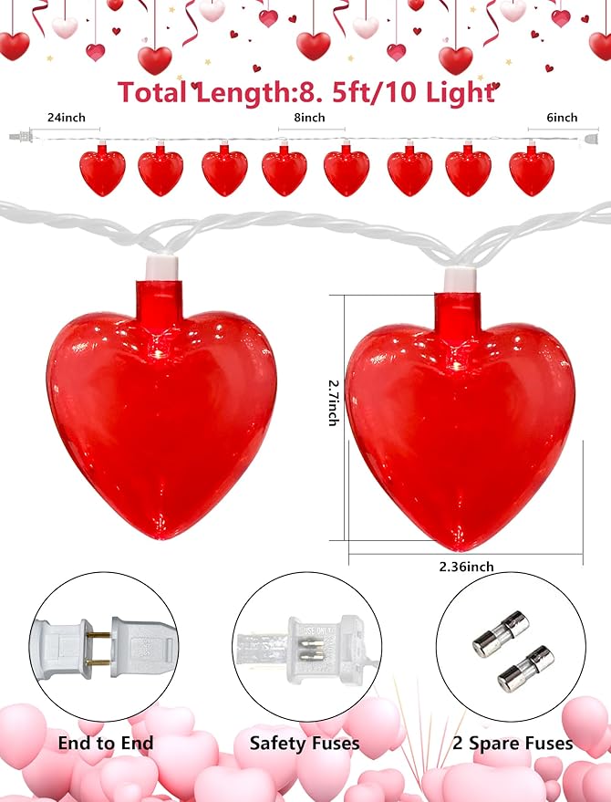 Valentines Red Heart String Lights Plug in, 8.5Ft Outdoor Valentine's Day Decorations Lights with 10 LED Red Heart Lights, Heart Fairy String Lights for Indoor Home Window Wedding Party Xmas Decor