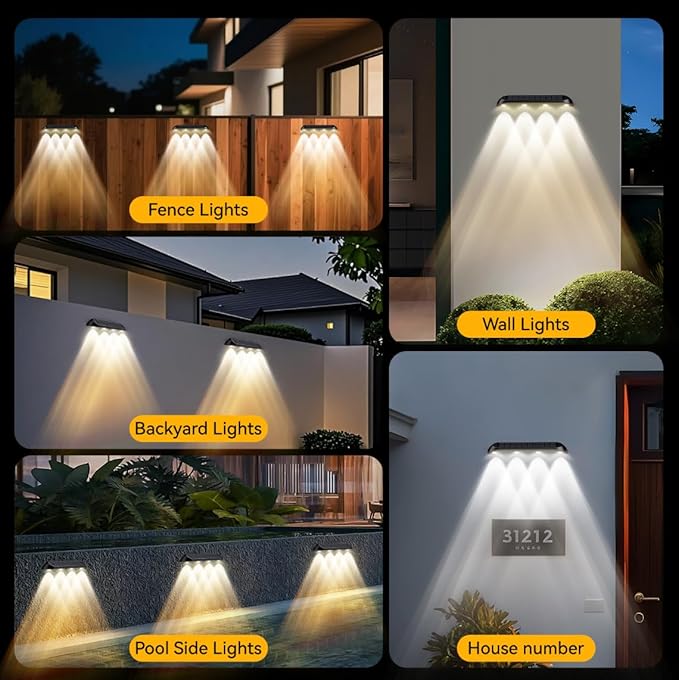 Large Solar Fence Lights Outdoor Waterproof, 3-Mode (3000K/4000K/6000K),4 LED with Upgraded High-Efficiency Solar Panel & Wide Beam for Backyard/Patio/Deck/Step/Home Improvement(4 Pack)