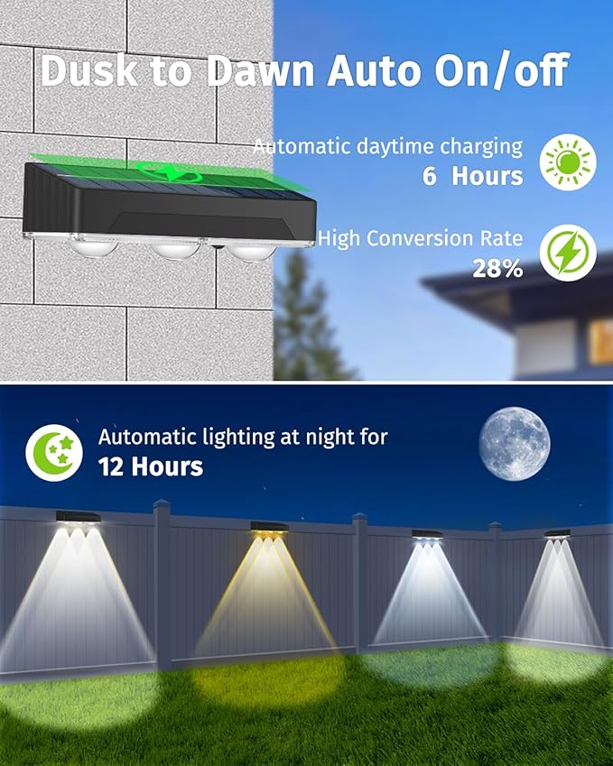 Solar Fence Lights Outdoor, IP65 Waterproof LED Solar Powered Wall Lights - 3000K/4000K/6000K Color Temperature, 3 | Lumora