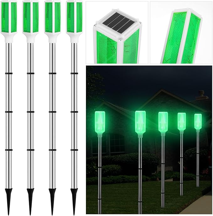 Macarrie 4 Pcs Solar Powered Driveway Markers Reflective Lights Driveway Reflectors on Poles for Snow Road Outdoor Yard Entrance (Green)