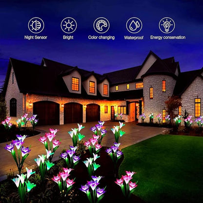 ANGMLN 6 Pack Solar Flowers Lights,24 Bigger Head Solar Lily Flowers, 7 Color Changing Pathway Lights for Garden Patio Yard Outdoor Garden Stake Decoration (Purple2&White2&Pink2)